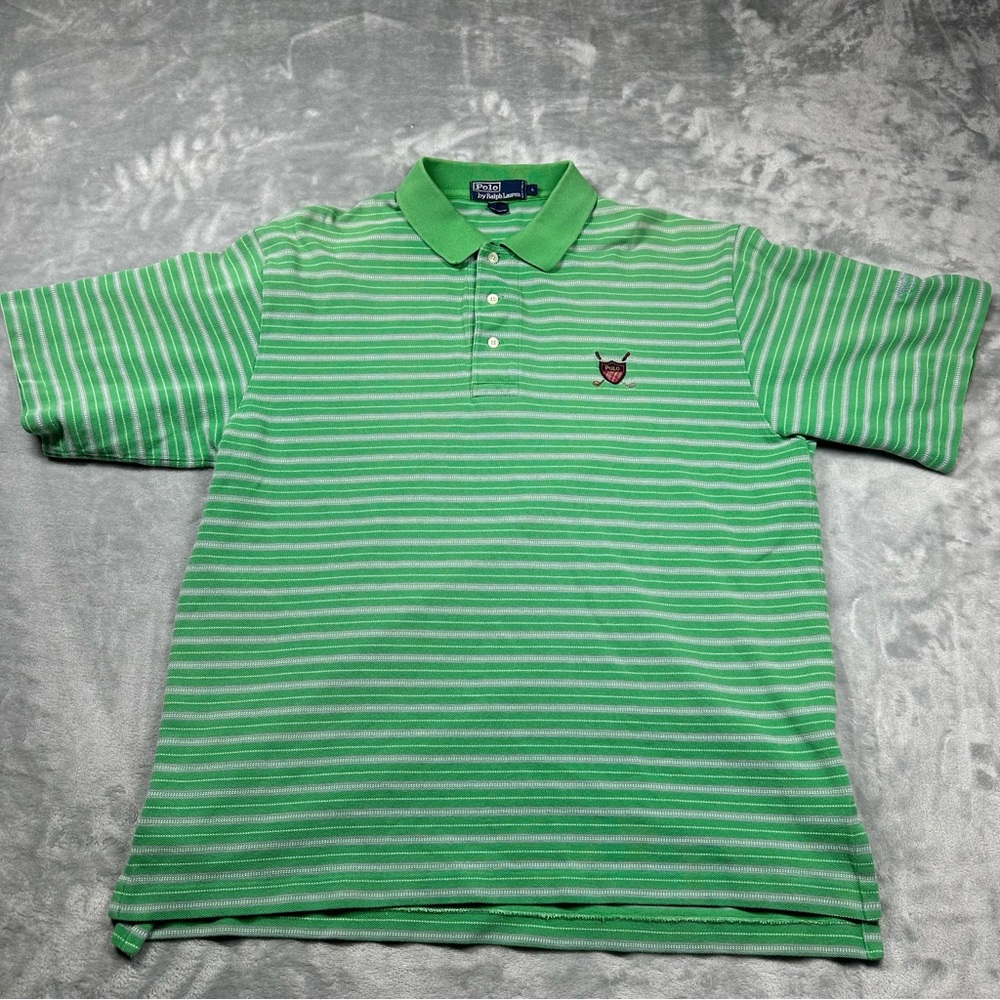 Vintage Polo Ralph Lauren Golf Shirt Mens L Green Striped Crest Amelia Island